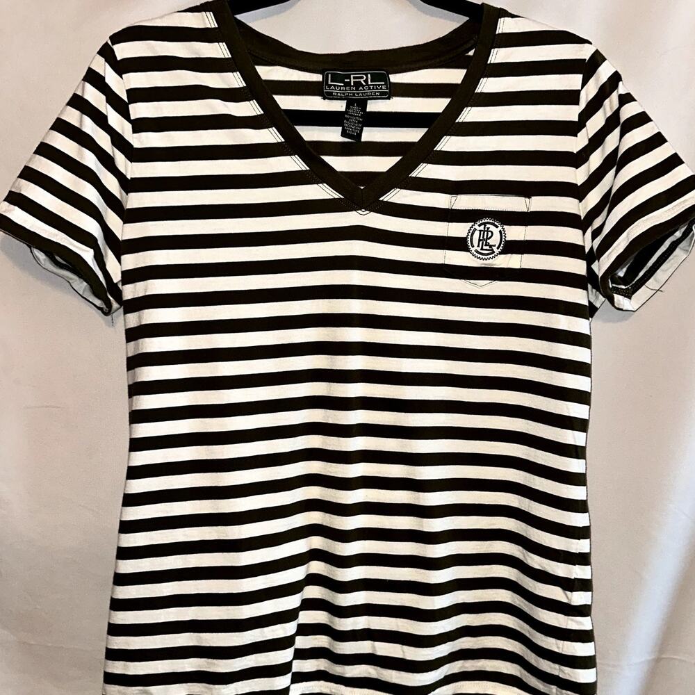 Lauren Ralph Lauren Womens Sz Large Active Olive White Stripe Logo Pocket Tshirt